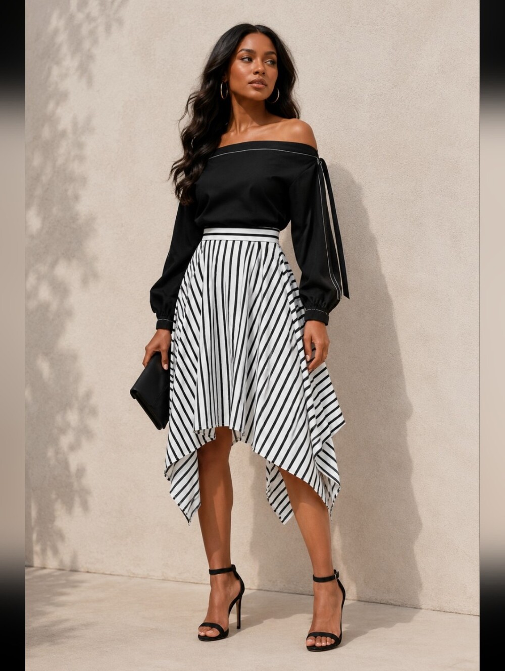 Adam Lippes Striped Handkerchief Hem Midi Skirt - Black & White